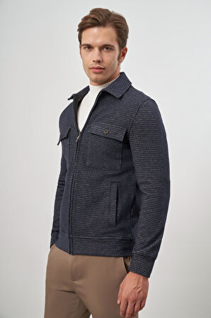 Koyu Lacivert Örme Bebe Yaka Kendinden Desenli Yırtmaçsız Astarsız Slim Fit Classic Mont 1007245158