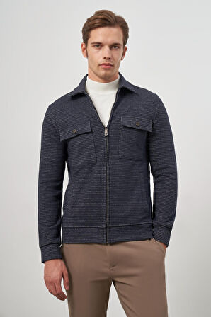 Koyu Lacivert Örme Bebe Yaka Kendinden Desenli Yırtmaçsız Astarsız Slim Fit Classic Mont 1007245158