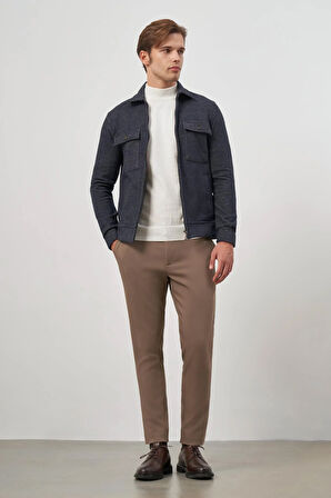 Koyu Lacivert Örme Bebe Yaka Kendinden Desenli Yırtmaçsız Astarsız Slim Fit Classic Mont 1007245158