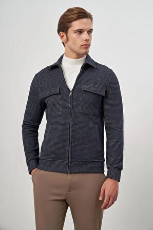 Koyu Lacivert Örme Bebe Yaka Kendinden Desenli Yırtmaçsız Astarsız Slim Fit Classic Mont 1007245158