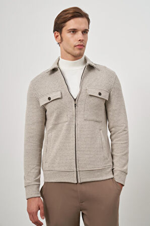 Bej Örme Bebe Yaka Kendinden Desenli Yırtmaçsız Astarsız Slim Fit Classic Mont 1007245158