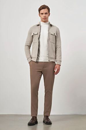 Bej Örme Bebe Yaka Kendinden Desenli Yırtmaçsız Astarsız Slim Fit Classic Mont 1007245158