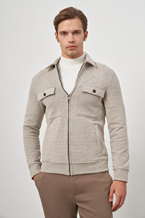 Bej Örme Bebe Yaka Kendinden Desenli Yırtmaçsız Astarsız Slim Fit Classic Mont 1007245158