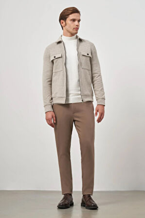 Bej Örme Bebe Yaka Kendinden Desenli Yırtmaçsız Astarsız Slim Fit Classic Mont 1007245158