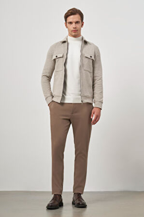 Bej Örme Bebe Yaka Kendinden Desenli Yırtmaçsız Astarsız Slim Fit Classic Mont 1007245158