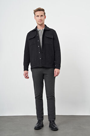 Siyah Örme Polo Yaka Jakarlı Desen Yırtmaçsız Astarsız Slim Fit Classic Mont 1007245160