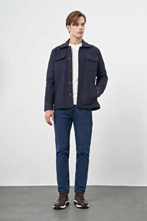 Koyu Lacivert Örme Polo Yaka Jakarlı Desen Yırtmaçsız Astarsız Slim Fit Classic Mont 1007245160