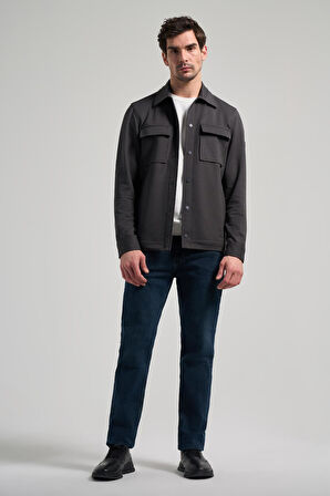 Koyu Antrasit Armürlü Bebe Yaka Kendinden Desenli Pamuklu Yırtmaçsız Tam Astar Garnisiz-Biyesiz Standart Fit Mont 1007245163