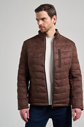 Koyu Kahverengi Dik Yaka Yan Cep Dolum Şişme Standart Fit Esnek Casual Deri Mont 1038245167