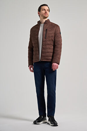 Koyu Kahverengi Dik Yaka Yan Cep Dolum Şişme Standart Fit Esnek Casual Deri Mont 1038245167