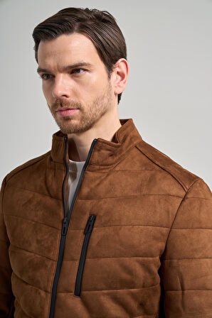 Kahverengi Dik Yaka Yan Cep Dolum Şişme Standart Fit Esnek Casual Deri Mont 1038245167