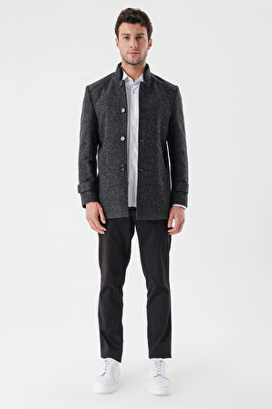 Kaşe Hakim Yaka Desenli Yırtmaçlı Astarlı Slim Fit Dar Kesim Klasik Kaban 1008235153 Siyah