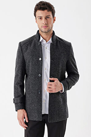 Kaşe Hakim Yaka Desenli Yırtmaçlı Astarlı Slim Fit Dar Kesim Klasik Kaban 1008235153 Siyah
