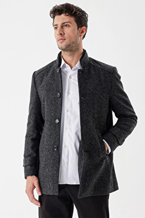 Kaşe Hakim Yaka Desenli Yırtmaçlı Astarlı Slim Fit Dar Kesim Klasik Kaban 1008235153 Siyah