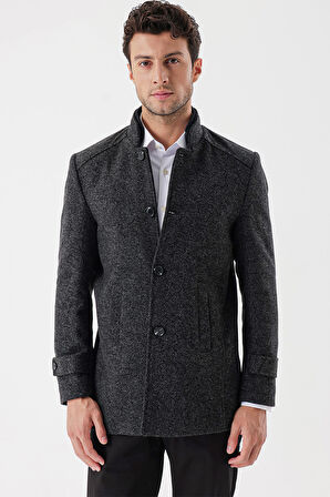 Kaşe Hakim Yaka Desenli Yırtmaçlı Astarlı Slim Fit Dar Kesim Klasik Kaban 1008235153 Siyah