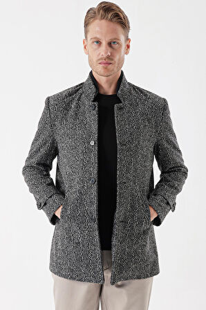 Kaşe Hakim Yaka Desenli Yırtmaçlı Astarlı Slim Fit Dar Kesim Klasik Kaban 1008235153 Koyu Antrasit