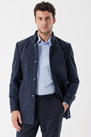 Kaşe Hakim Yaka Desenli Yırtmaçlı Astarlı Slim Fit Dar Kesim Klasik Kaban 1008235153 Koyu Lacivert