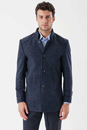 Kaşe Hakim Yaka Desenli Yırtmaçlı Astarlı Slim Fit Dar Kesim Klasik Kaban 1008235153 Koyu Lacivert