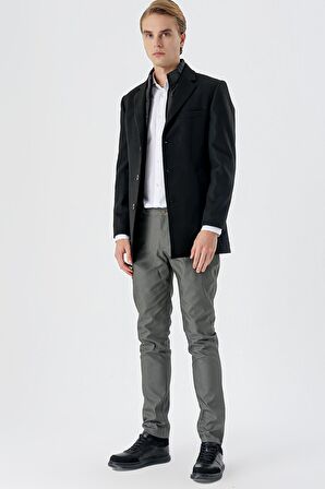 Kaşe Mono Yaka Kapitoneli Astar Slim Fit Dar Kesim Klasik Kaban 1008235167 Siyah