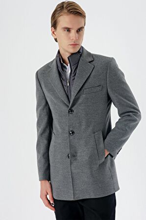 Koyu Antrasit Kaşe Mono Yaka Kapitoneli Astar Slim Fit Dar Kesim Klasik Kaban 1008235167