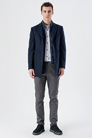 Kaşe Mono Yaka Kapitoneli Astar Slim Fit Dar Kesim Klasik Kaban 1008235167 Koyu Lacivert