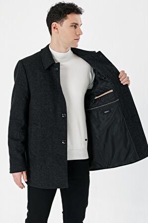 Siyah Kaşe Berberi Yaka Yünlü Kapitoneli Astar Büyük Beden Comfort Fit Rahat Kesim Klasik Kaban 1008235172