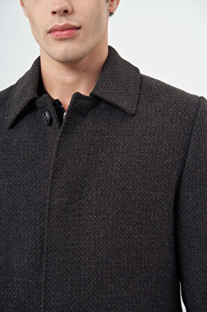 Koyu Antrasit Kaşe Bebe Yaka Kendinden Desenli Yırtmaçsız Sırt Kapitoneli Astar Comfort Fit Classic Kaban 1008245154