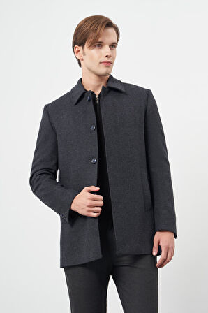 Koyu Lacivert Kaşe Bebe Yaka Kendinden Desenli Yırtmaçsız Sırt Kapitoneli Astar Comfort Fit Classic Kaban 1008245155