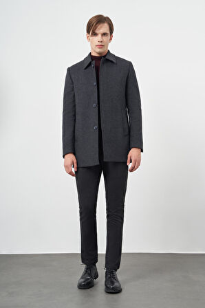 Lacivert Kaşe Bebe Yaka Kendinden Desenli Yırtmaçsız Sırt Kapitoneli Astar Comfort Fit Classic Kaban 1008245155