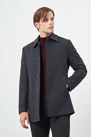 Lacivert Kaşe Bebe Yaka Kendinden Desenli Yırtmaçsız Sırt Kapitoneli Astar Comfort Fit Classic Kaban 1008245155