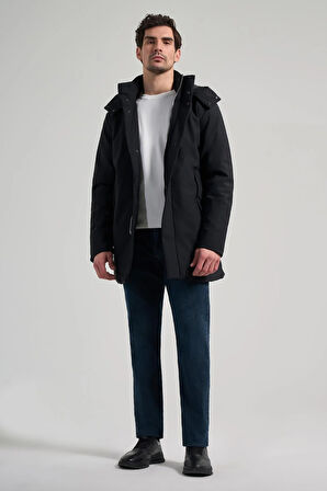 Siyah Bez Ayağı Dik Yaka Düz Tam Astar Standart Fit Casual Kaban 1008245156_001