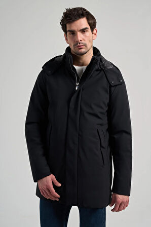 Siyah Bez Ayağı Dik Yaka Düz Tam Astar Standart Fit Casual Kaban 1008245156_001