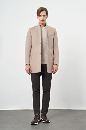 Taş Rengi Kaşe Dik Yaka Kapitoneli Astar Slim Fit Dar Kesim Klasik Kaban 1008245171