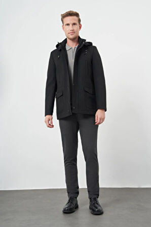 Siyah Kaşe Dik Yaka Astarlı Slim Fit Dar Kesim Klasik Kaban 1008245272