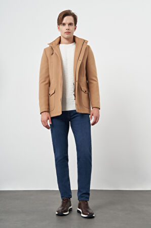 Camel Kaşe Dik Yaka Astarlı Slim Fit Dar Kesim Klasik Kaban 1008245272