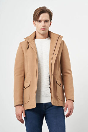 Camel Kaşe Dik Yaka Astarlı Slim Fit Dar Kesim Klasik Kaban 1008245272
