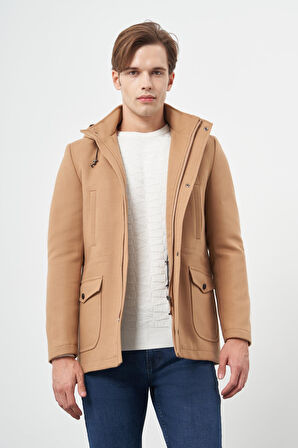 Camel Kaşe Dik Yaka Astarlı Slim Fit Dar Kesim Klasik Kaban 1008245272