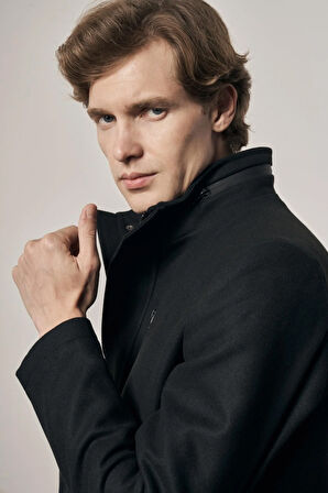 Siyah Dik Yaka Tam Astar Classic Slim Fit Esnek Kaşe Kaban 1008255150