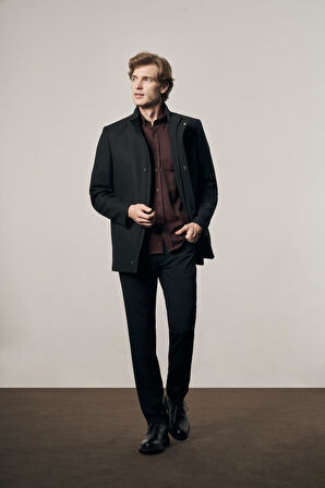 Siyah Dik Yaka Tam Astar Classic Slim Fit Esnek Kaşe Kaban 1008255150