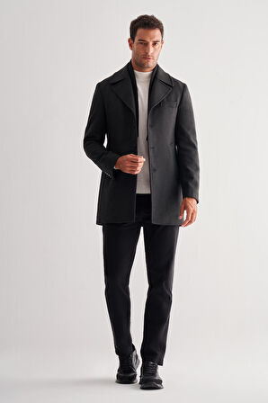 Koyu Antrasit Mono Yaka Classic Comfort Fit Esnek Kaşe Kaban 1008255160