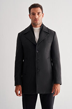 Koyu Antrasit Mono Yaka Classic Comfort Fit Esnek Kaşe Kaban 1008255160