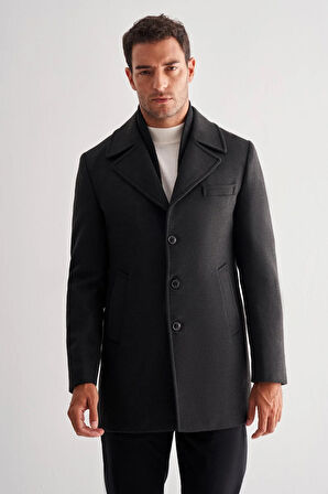 Koyu Antrasit Mono Yaka Classic Comfort Fit Esnek Kaşe Kaban 1008255160