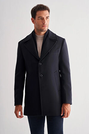 Koyu Lacivert Mono Yaka Classic Comfort Fit Esnek Kaşe Kaban 1008255160