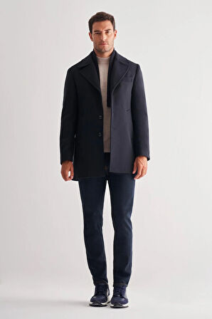 Koyu Lacivert Mono Yaka Classic Comfort Fit Esnek Kaşe Kaban 1008255160