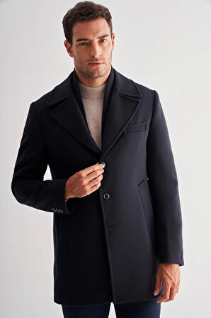Koyu Lacivert Mono Yaka Classic Comfort Fit Esnek Kaşe Kaban 1008255160