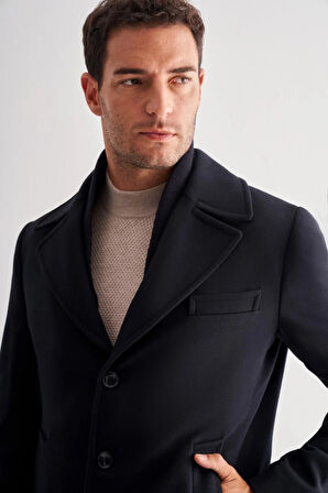 Koyu Lacivert Mono Yaka Classic Comfort Fit Esnek Kaşe Kaban 1008255160