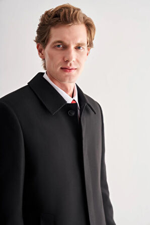 Siyah Kaşe Bebe Yaka Kapitoneli Astar Comfort Fit Rahat Kesim Klasik Kaban 1008245161