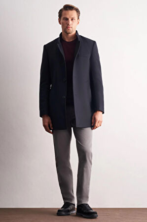 Koyu Lacivert Hakim Yaka Classic Slim Fit Esnek Kaban 1008255162
