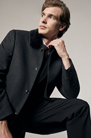 Antrasit Kürklü Yaka Classic Comfort Fit Esnek Kaban 1008255163