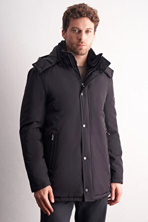 Siyah Çıkma Kapşonlu Dik Yaka Yırtmaçsız Esnek Classic Kaban 1008255165